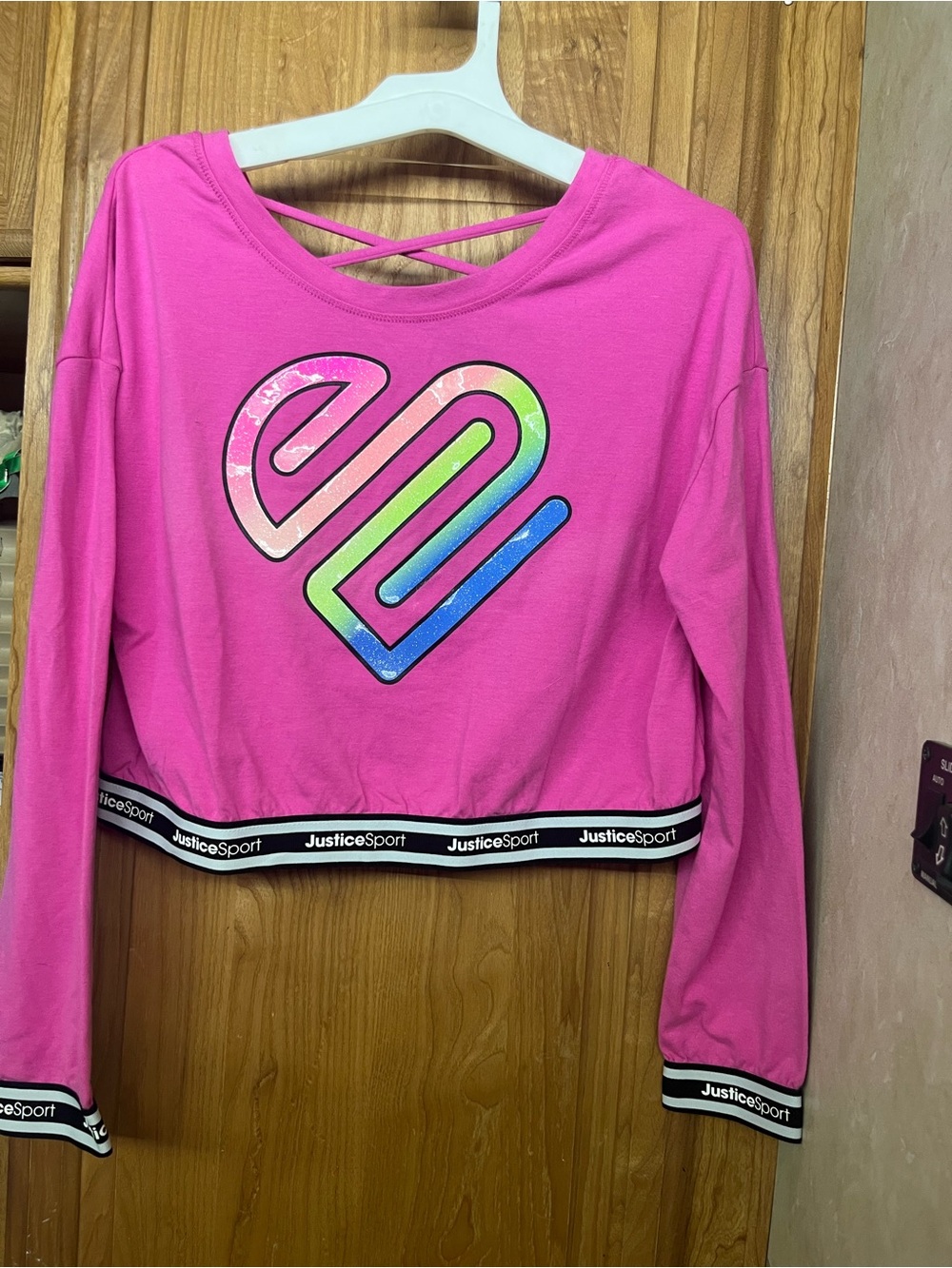 Justice Pink Cropped Long-Sleeve Sweatshirt with Rainbow Heart Sz Lg(12-14)